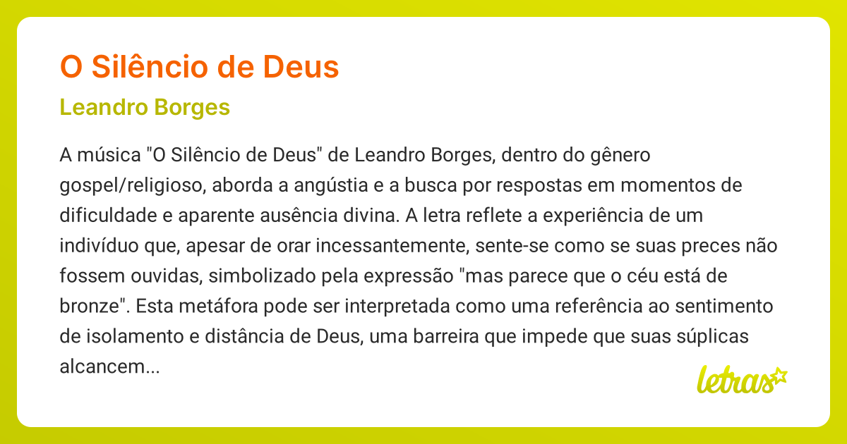 Significado da música O SILÊNCIO DE DEUS (Leandro Borges) - LETRAS.MUS.BR