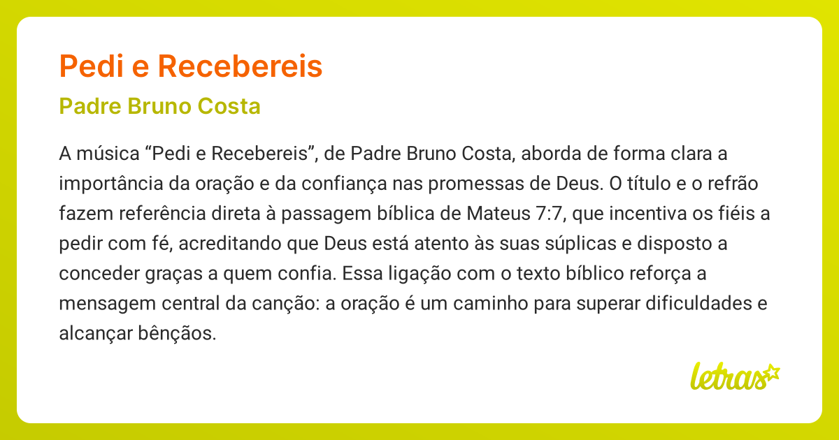 Significado da música PEDI E RECEBEREIS (Padre Bruno Costa) - LETRAS.MUS.BR