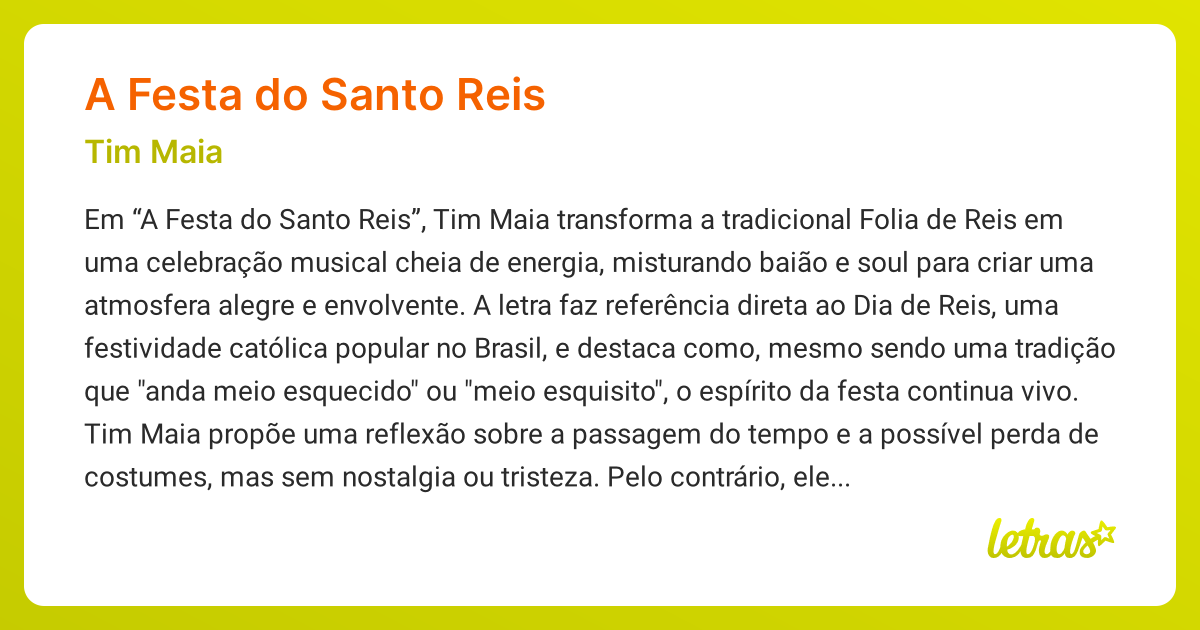 Significado da música A FESTA DO SANTO REIS (Tim Maia) - LETRAS.MUS.BR
