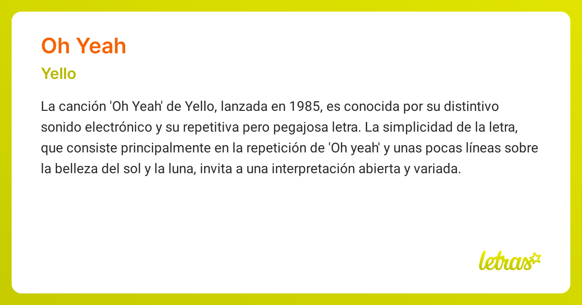 Significado de la canción OH YEAH (Yello) - LETRAS.COM