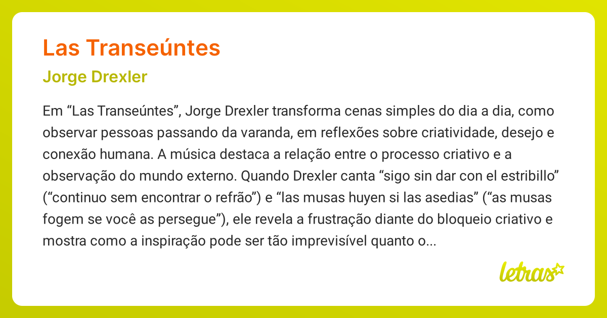 Significado da música LAS TRANSEÚNTES (Jorge Drexler) - LETRAS.MUS.BR
