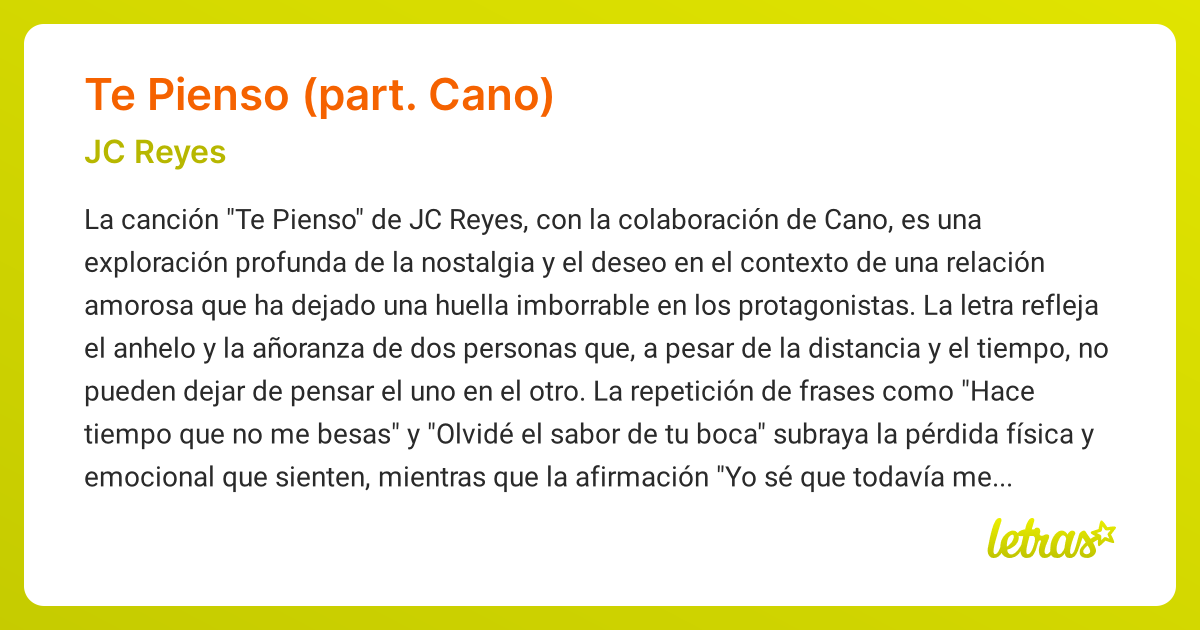Significado de la canción TE PIENSO (PART. CANO) (JC Reyes) - LETRAS.COM