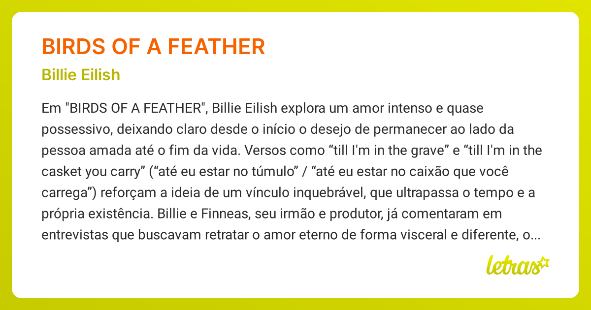 Significado da música BIRDS OF A FEATHER (Billie Eilish) - LETRAS.MUS.BR