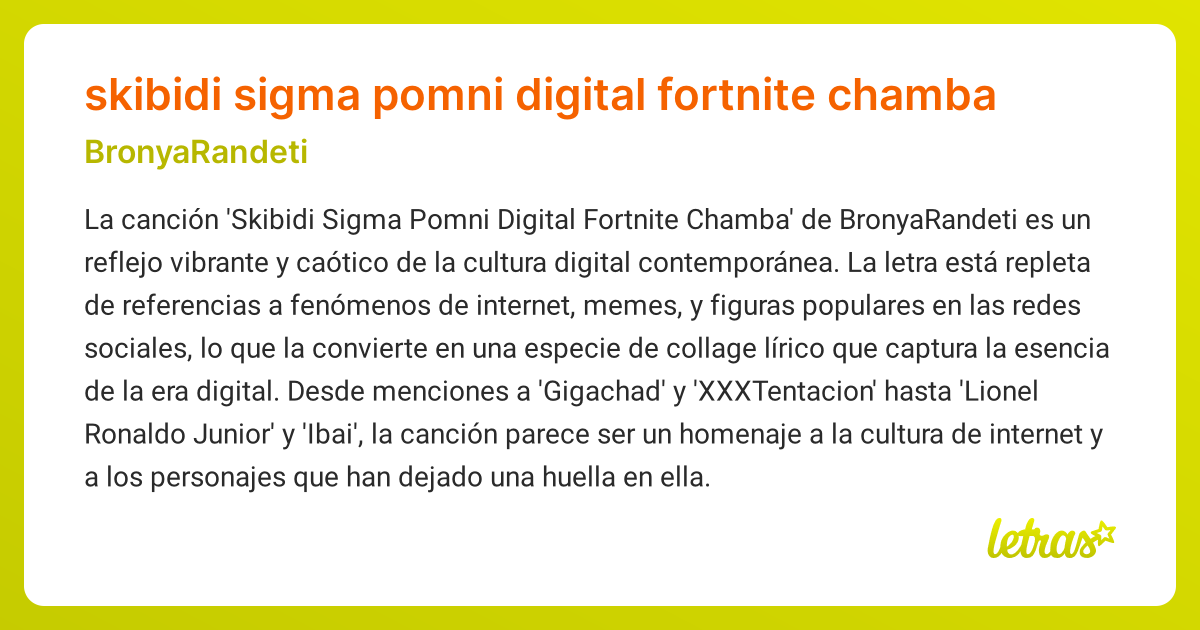 Significado de la canción skibidi sigma pomni digital fortnite chamba