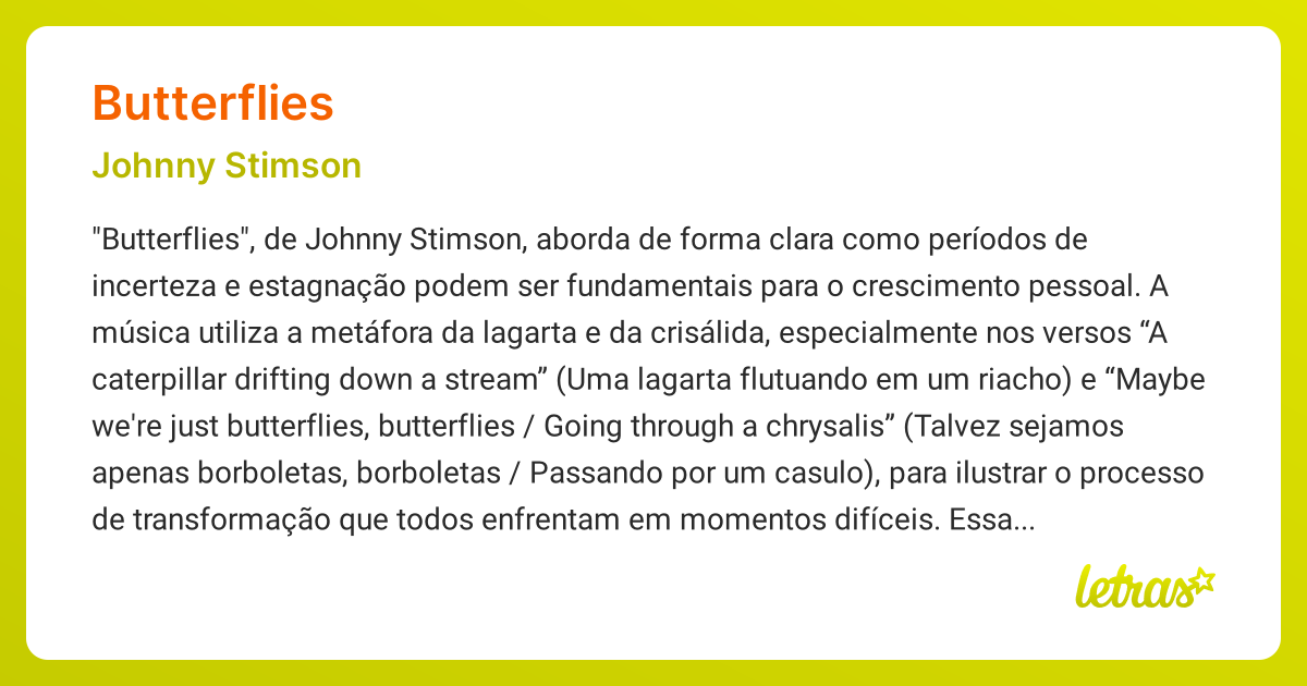 Significado da música BUTTERFLIES (Johnny Stimson) LETRAS.MUS.BR