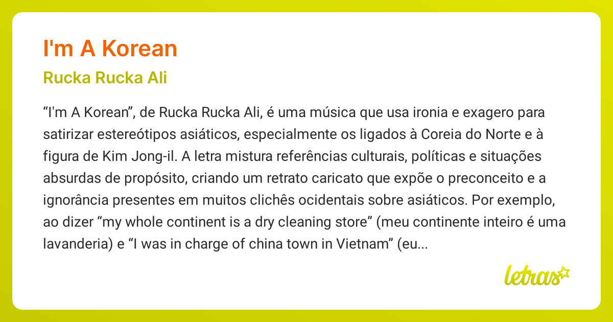 Significado da música I'M A KOREAN (Rucka Rucka Ali) - LETRAS.MUS.BR