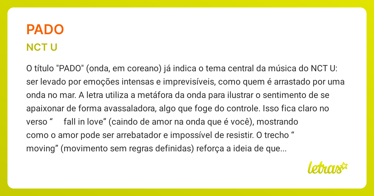 Significado da música PADO (NCT U) LETRAS.MUS.BR