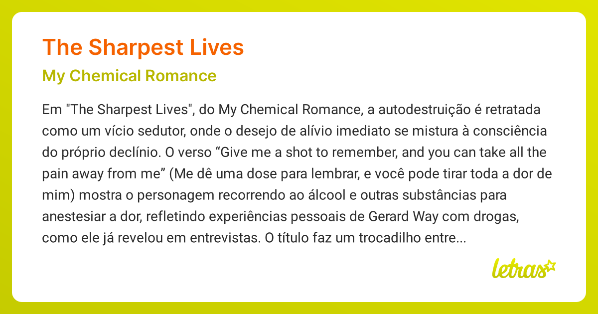 Significado da música THE SHARPEST LIVES (My Chemical Romance) LETRAS