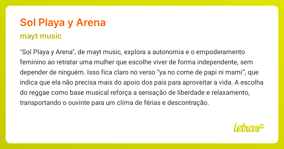 Significado da música SOL PLAYA Y ARENA (mayt music) - LETRAS.MUS.BR