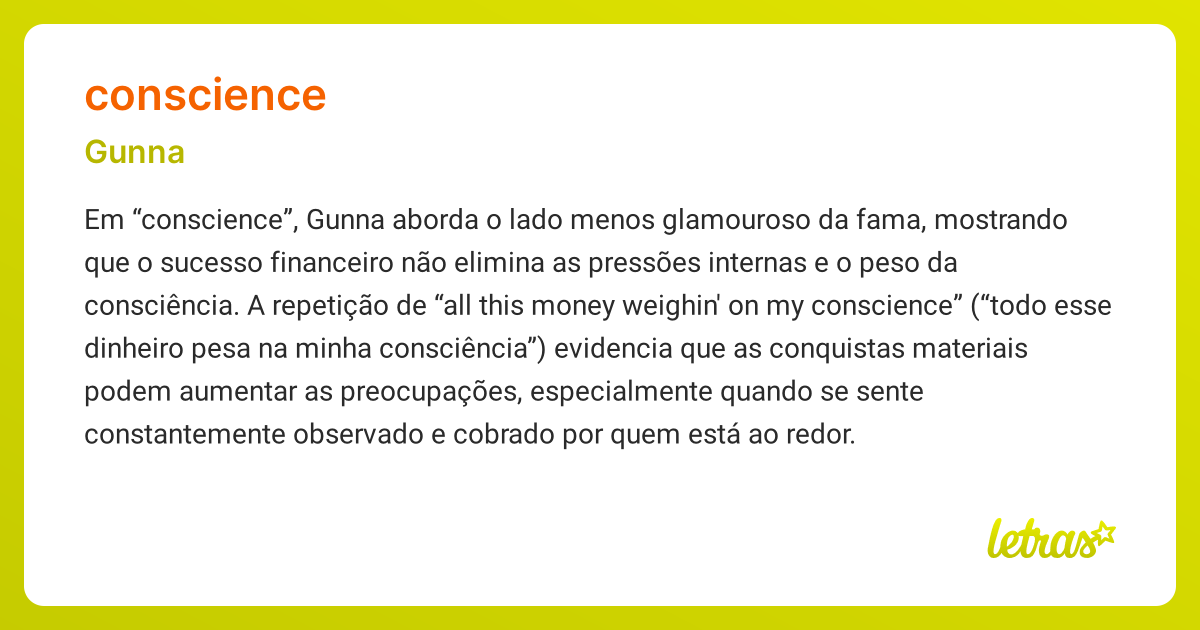Significado da música CONSCIENCE (Gunna) - LETRAS.MUS.BR