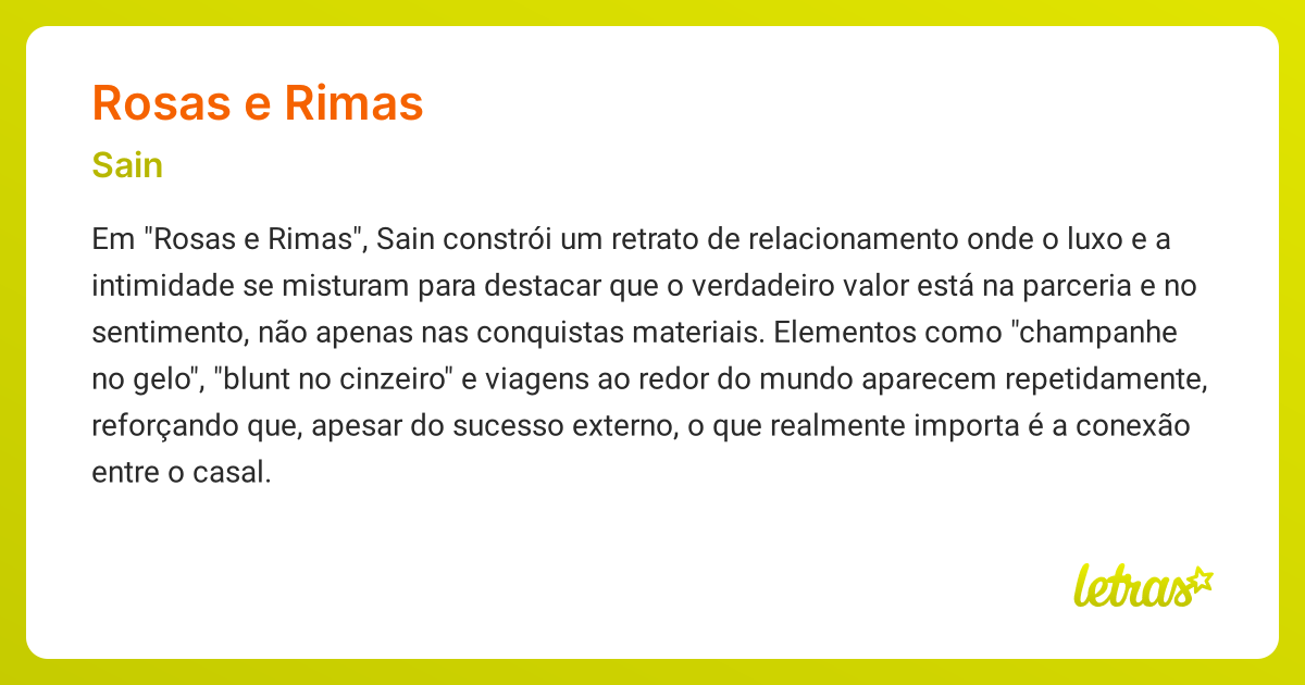 Significado da música ROSAS E RIMAS (Sain) - LETRAS.MUS.BR