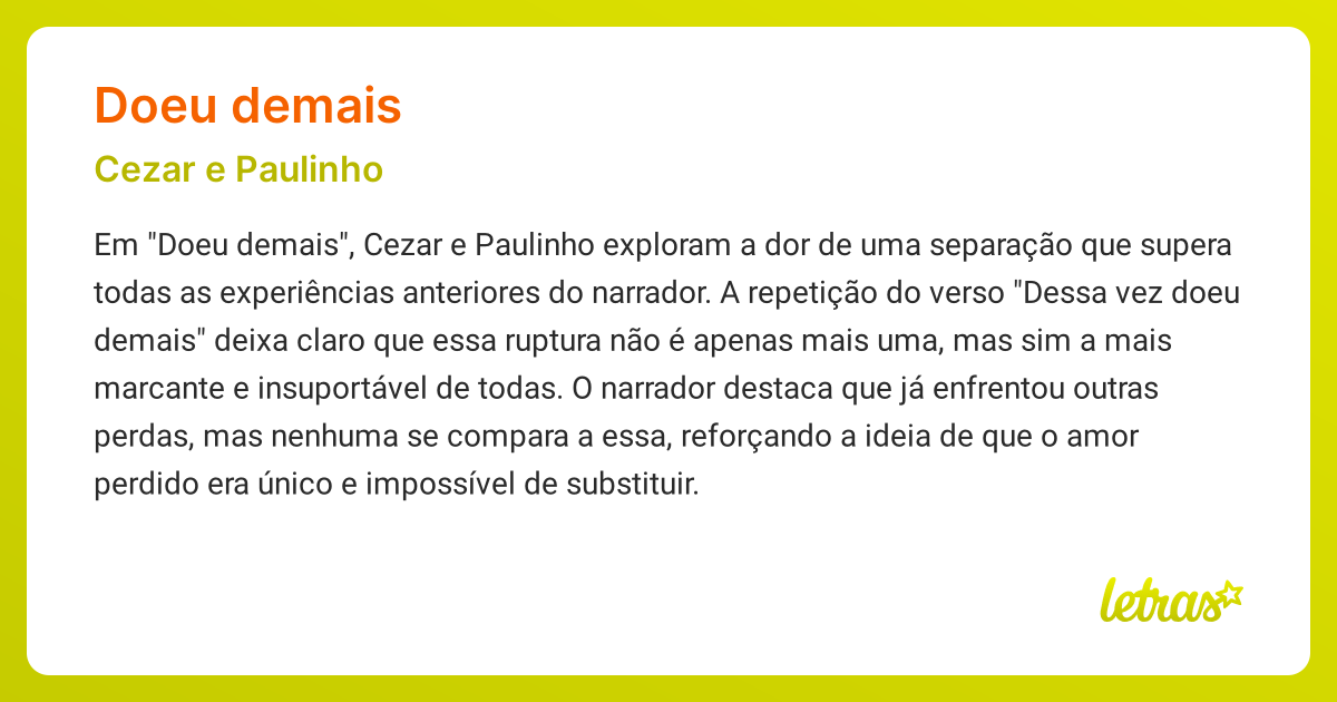 Significado da música DOEU DEMAIS (Cezar e Paulinho) - LETRAS.MUS.BR