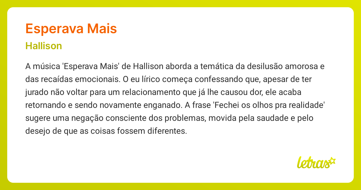 Significado da música ESPERAVA MAIS (Hallison) - LETRAS.MUS.BR