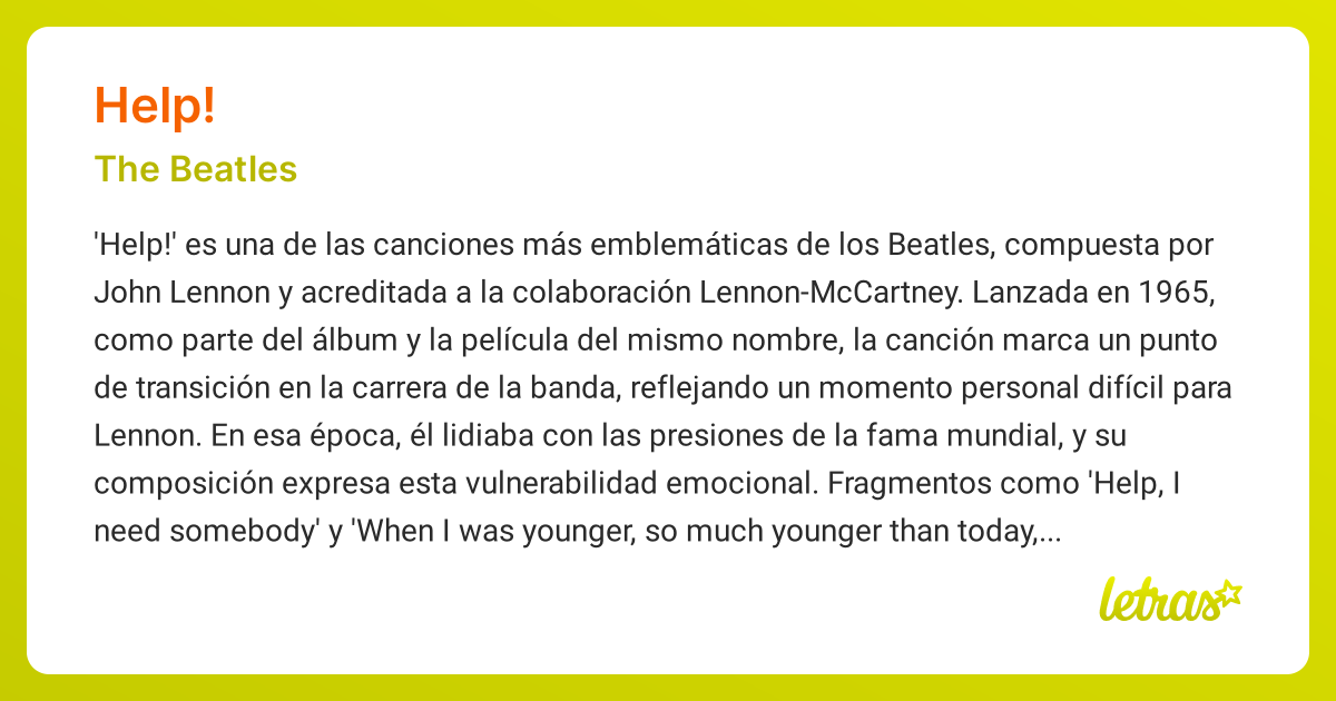 Significado de la canción HELP! (The Beatles) - LETRAS.COM