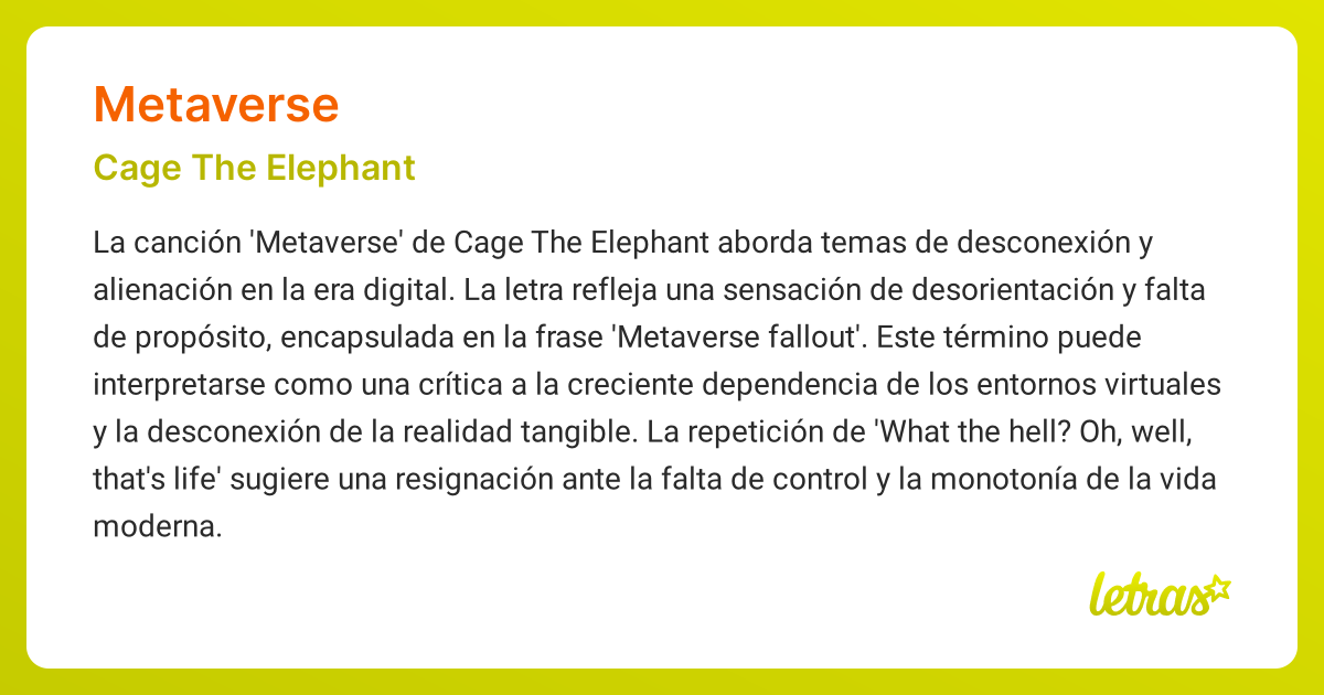 Significado de la canción METAVERSE (Cage The Elephant) - LETRAS.COM