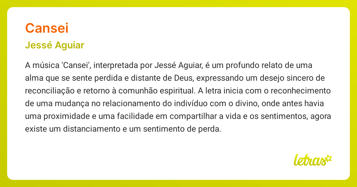 Significado da música CANSEI (Jessé Aguiar) - LETRAS.MUS.BR