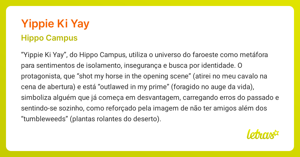 Significado da música YIPPIE KI YAY (Hippo Campus) - LETRAS.MUS.BR