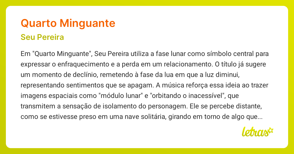 Significado da música QUARTO MINGUANTE (Seu Pereira) - LETRAS.MUS.BR