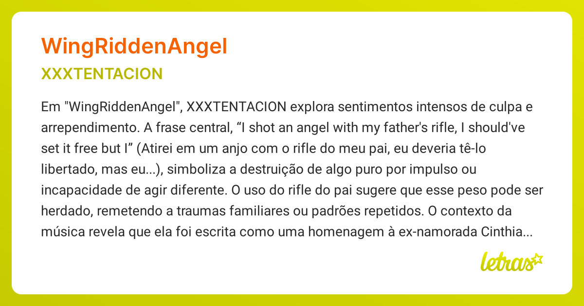 Significado da música WINGRIDDENANGEL (XXXTENTACION) - LETRAS.MUS.BR