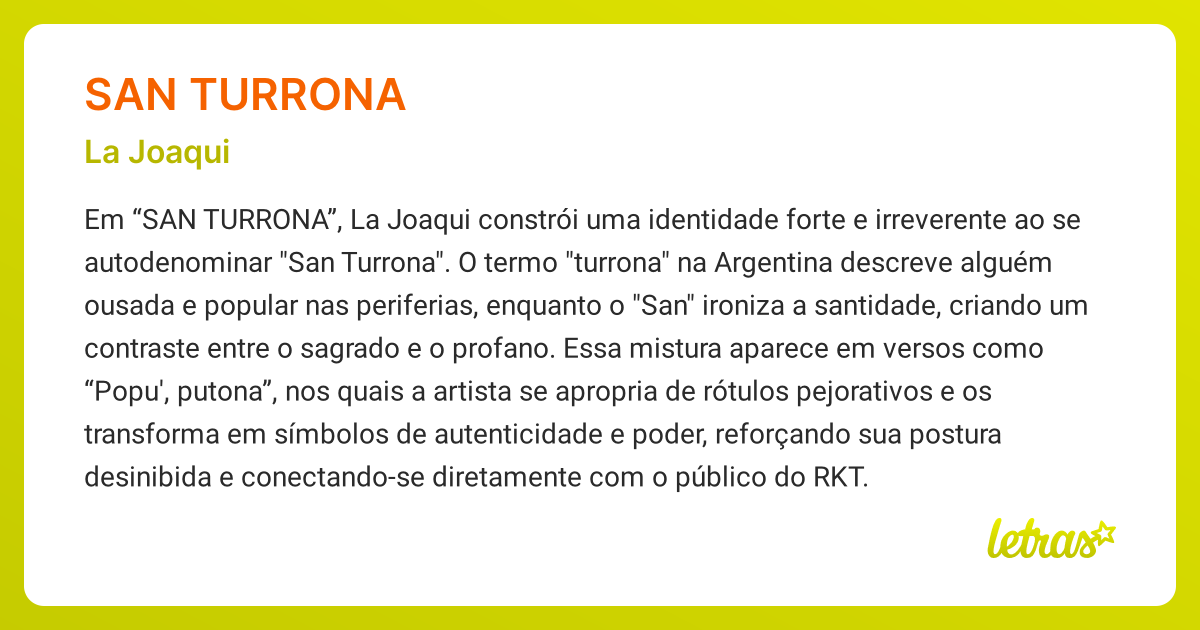 Significado da música SAN TURRONA (La Joaqui) - LETRAS.MUS.BR