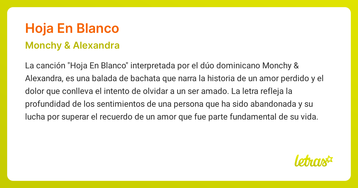 Significado de la canción HOJA EN BLANCO (Monchy & Alexandra)