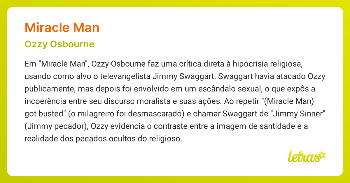 Significado da música MIRACLE MAN (Ozzy Osbourne) - LETRAS.MUS.BR