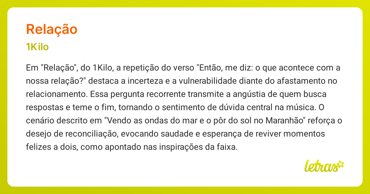 Significado da música RELAÇÃO (1Kilo) - LETRAS.MUS.BR