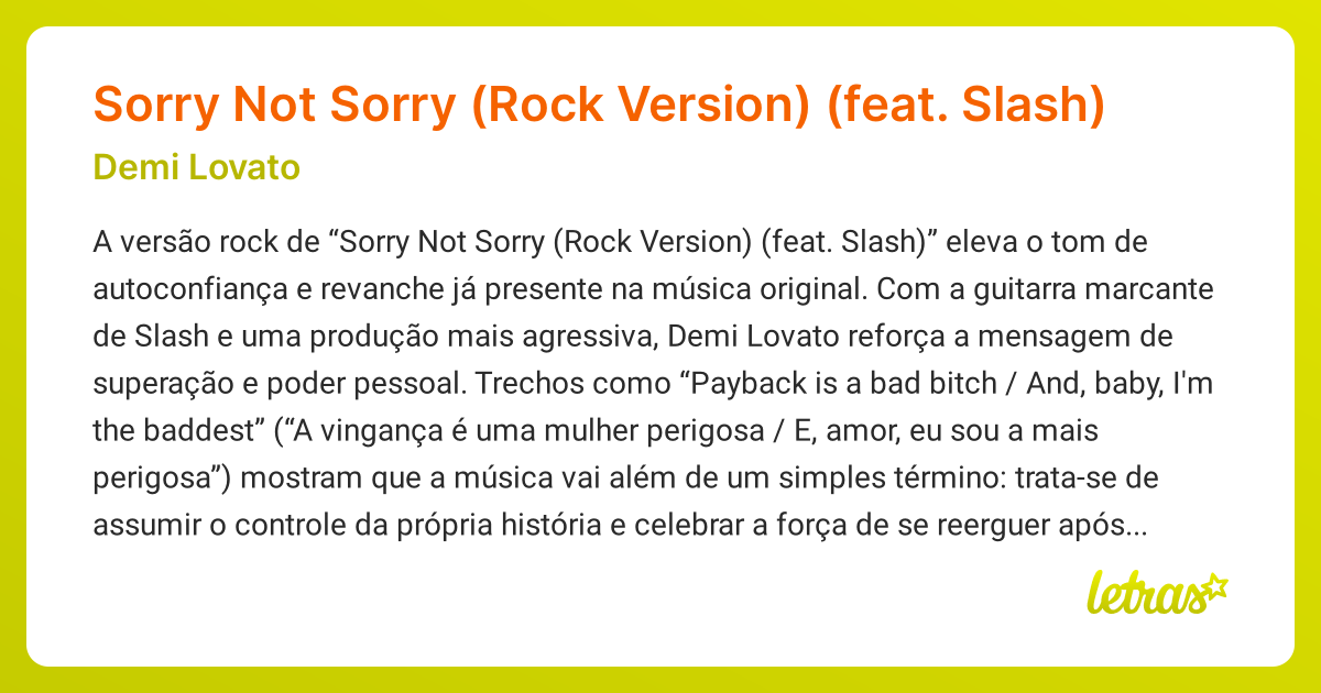 Significado da música Sorry Not Sorry (Rock Version) (feat. Slash ...