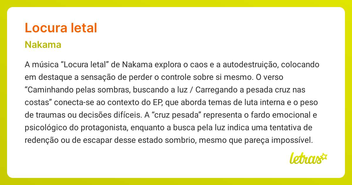 Significado da música LOCURA LETAL (Nakama) - LETRAS.MUS.BR