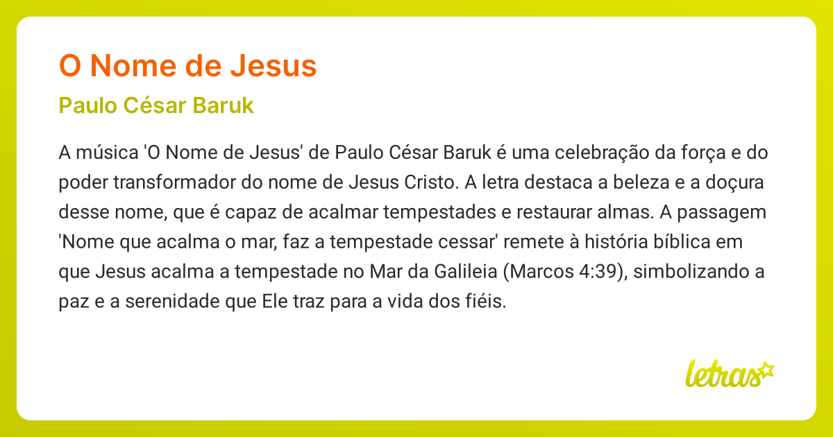 Significado da música O NOME DE JESUS (Paulo César Baruk) - LETRAS.MUS.BR