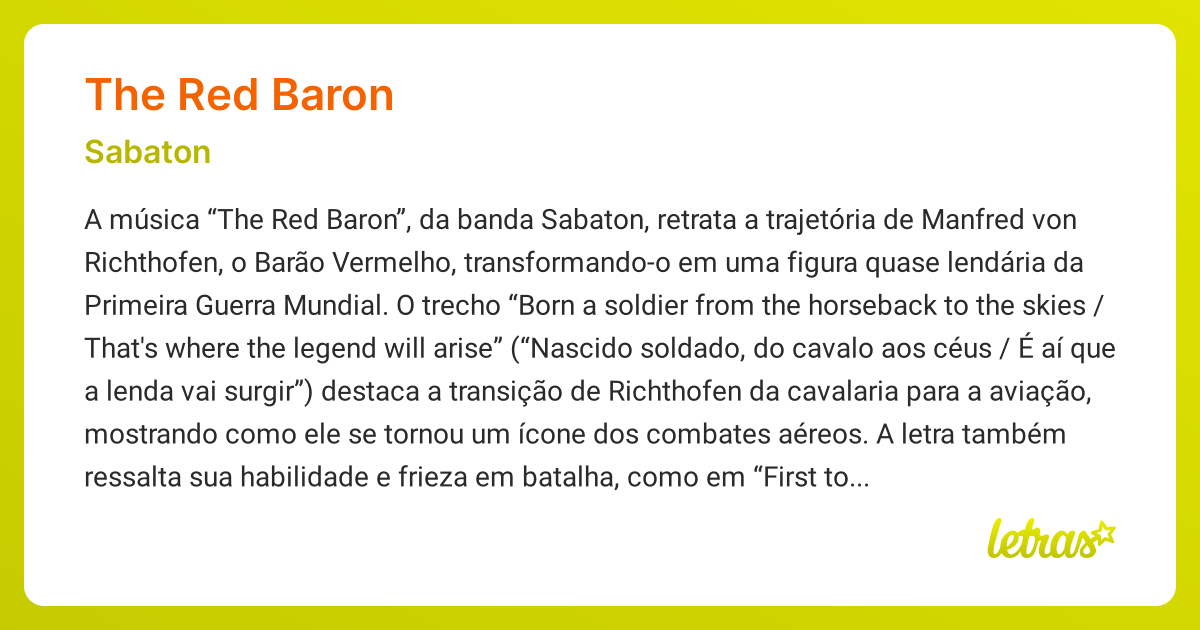 Significado da música THE RED BARON (Sabaton) - LETRAS.MUS.BR
