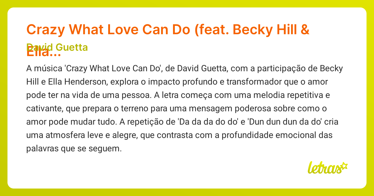 Significado da música Crazy What Love Can Do (feat. Becky Hill & Ella ...