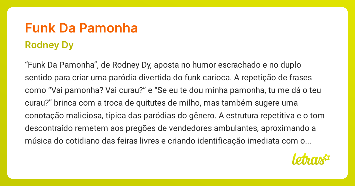 Significado da música FUNK DA PAMONHA (Rodney Dy) - LETRAS.MUS.BR