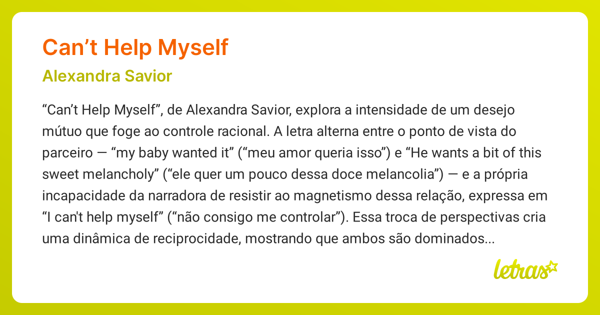 CAN’T HELP MYSELF (SIGNIFICADO) Alexandra Savior