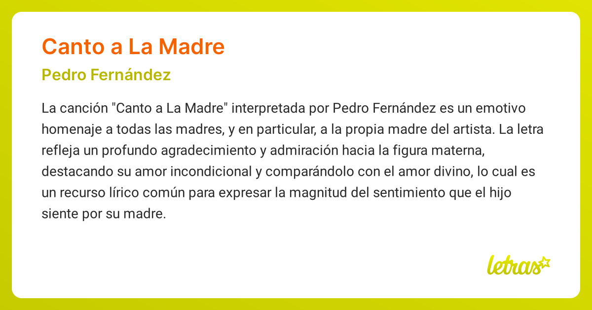 Significado de la canción CANTO A LA MADRE (Pedro Fernández) - LETRAS.COM
