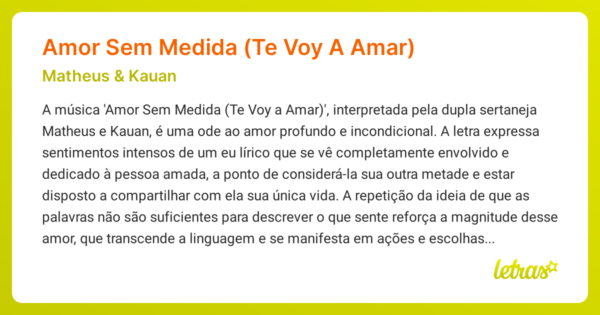 Significado da m sica amor sem medida te voy a amar matheus kauan