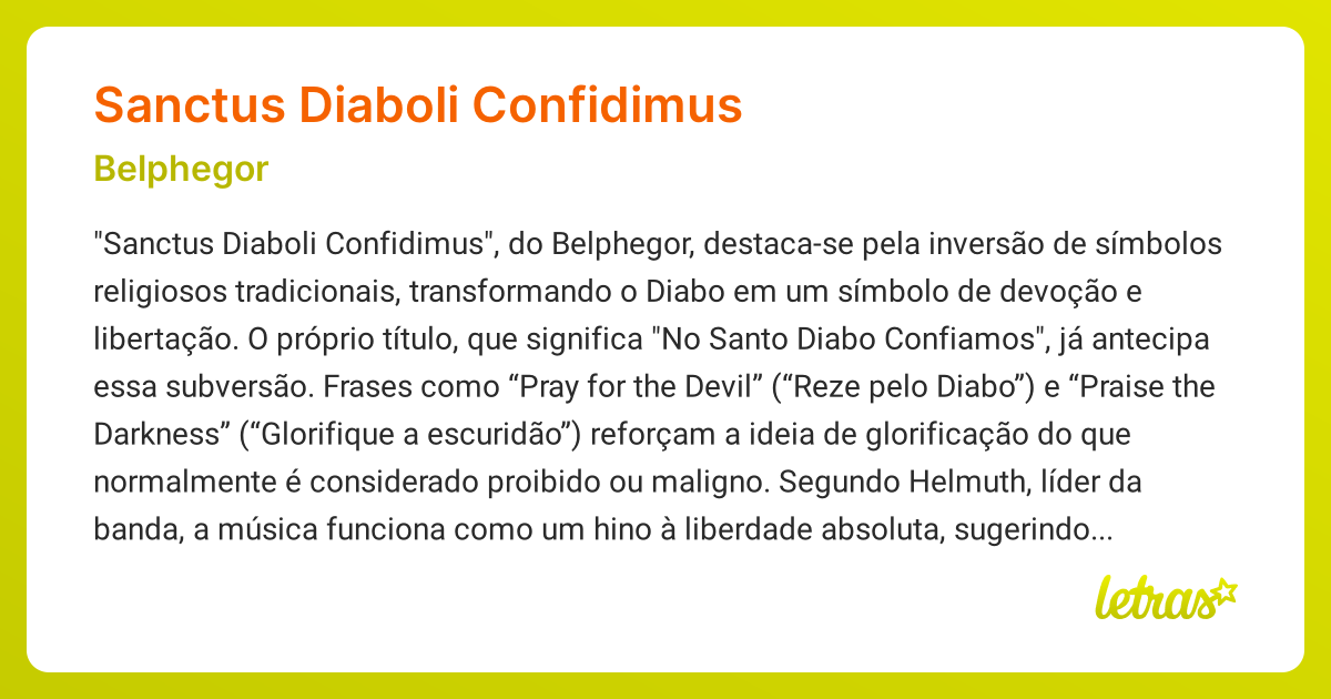 Significado da música SANCTUS DIABOLI CONFIDIMUS (Belphegor) - LETRAS ...