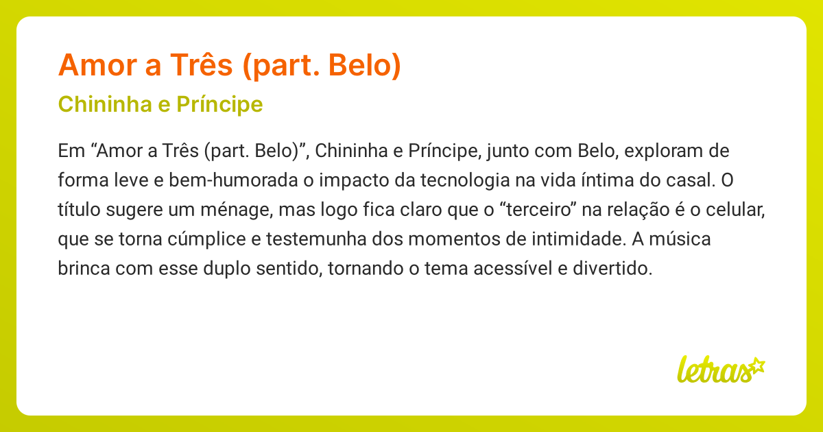 Significado da música AMOR A TRÊS (PART. BELO) (Chininha e Príncipe ...