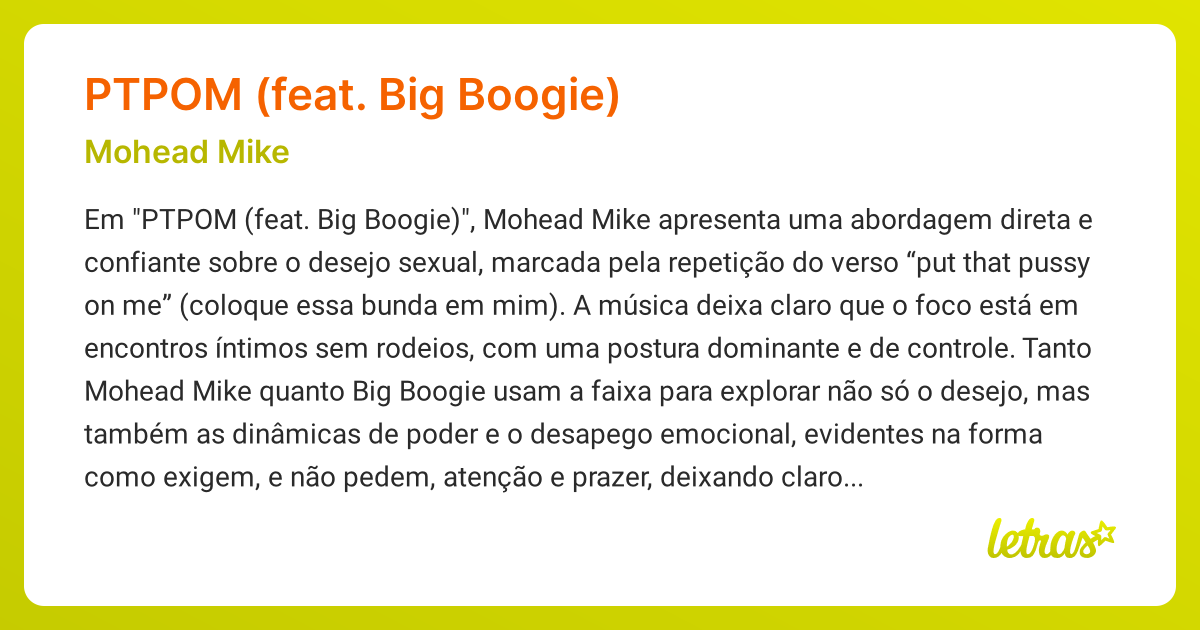 Significado da música PTPOM (FEAT. BIG BOOGIE) (Mohead Mike) - LETRAS ...