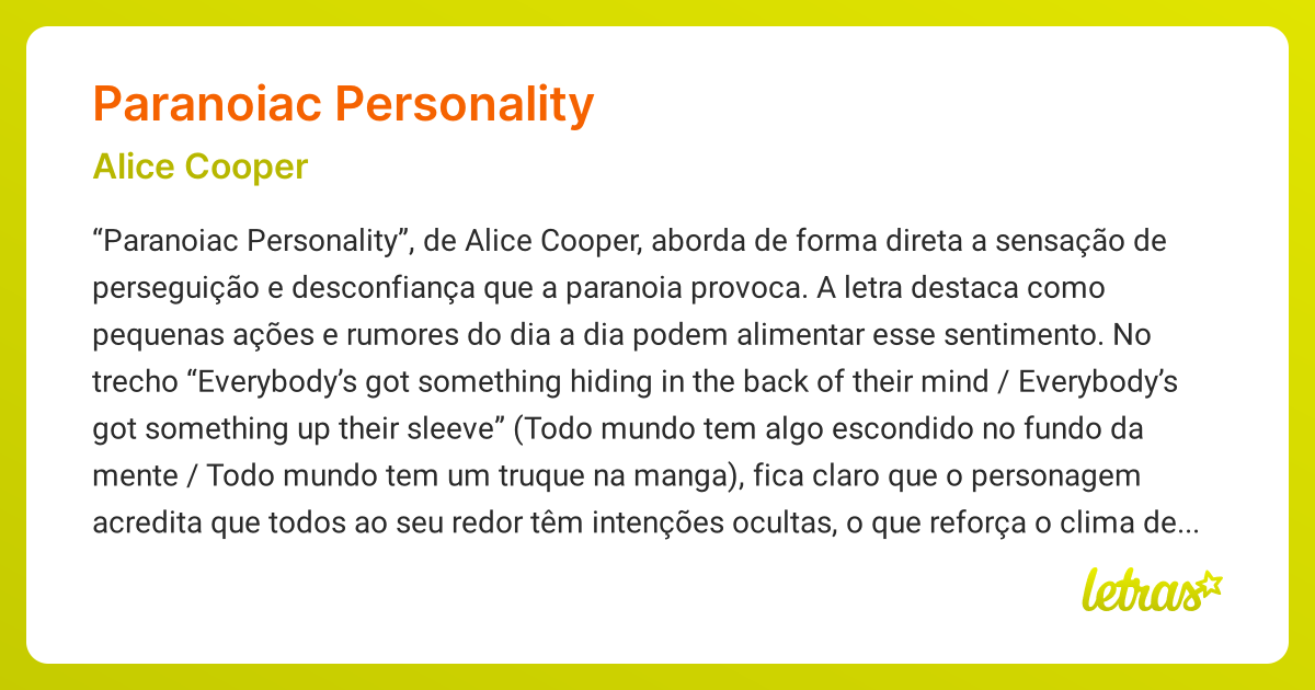 Significado da música PARANOIAC PERSONALITY (Alice Cooper) - LETRAS.MUS.BR