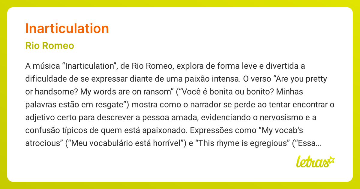 Significado da música INARTICULATION (Rio Romeo) - LETRAS.MUS.BR