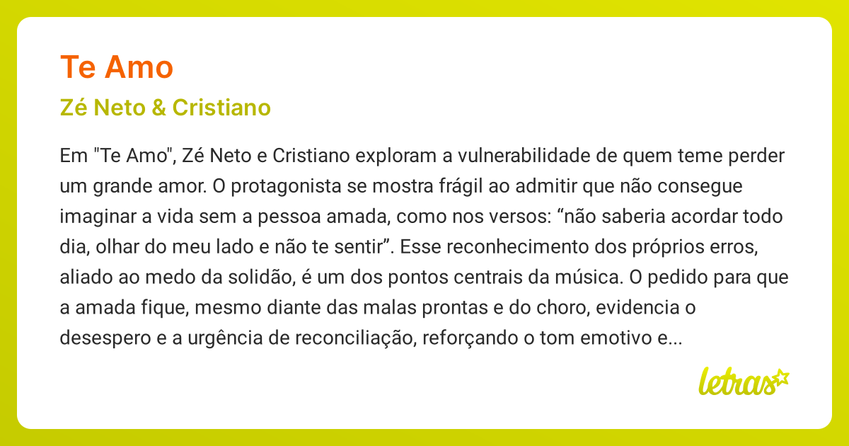 Significado da música TE AMO (Zé Neto & Cristiano) - LETRAS.MUS.BR