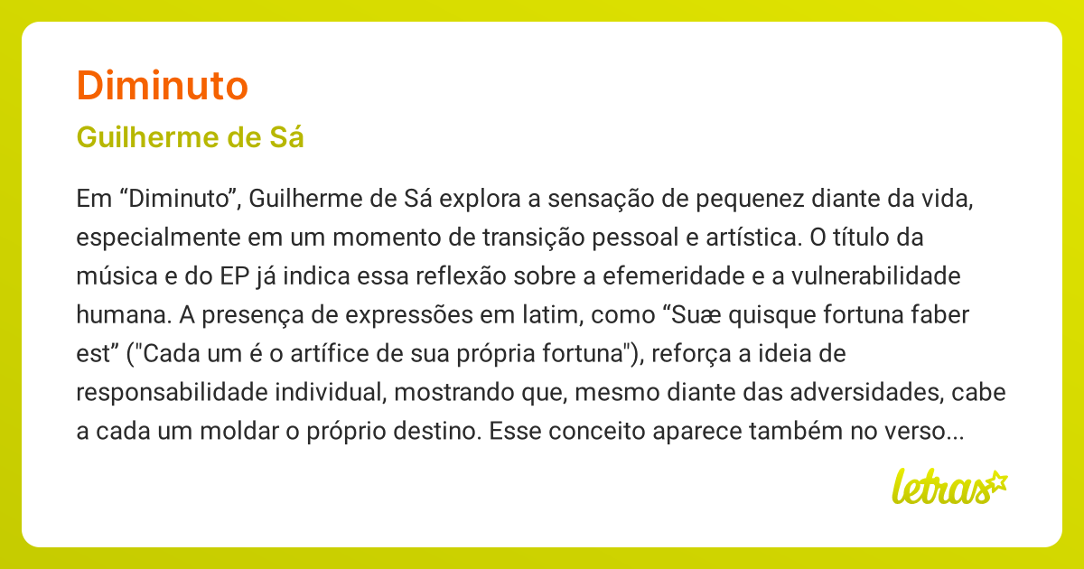 Significado da música DIMINUTO (Guilherme de Sá) - LETRAS.MUS.BR