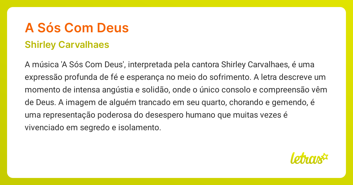Significado da música A SÓS COM DEUS (Shirley Carvalhaes) - LETRAS.MUS.BR