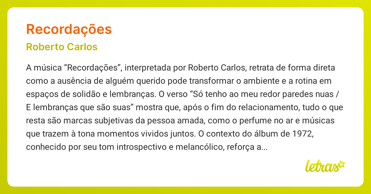 Significado da música RECORDAÇÕES (Roberto Carlos) - LETRAS.MUS.BR
