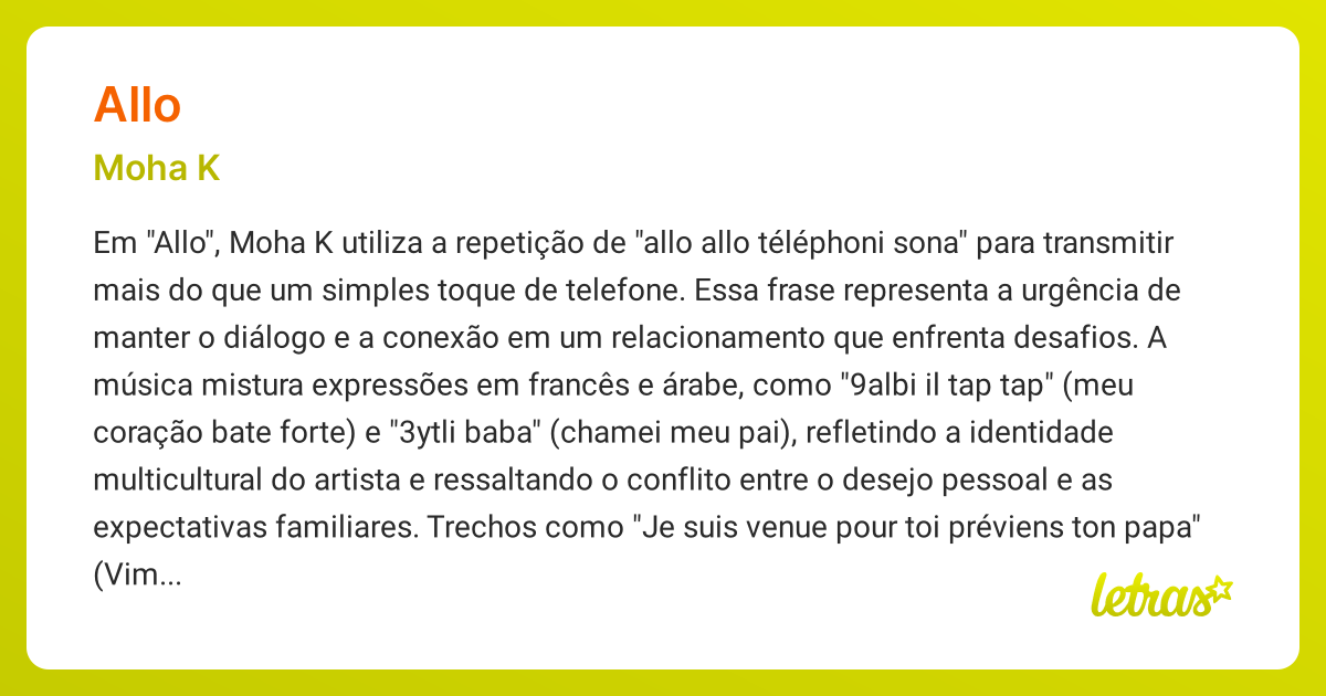 Significado da música ALLO (Moha K) - LETRAS.MUS.BR