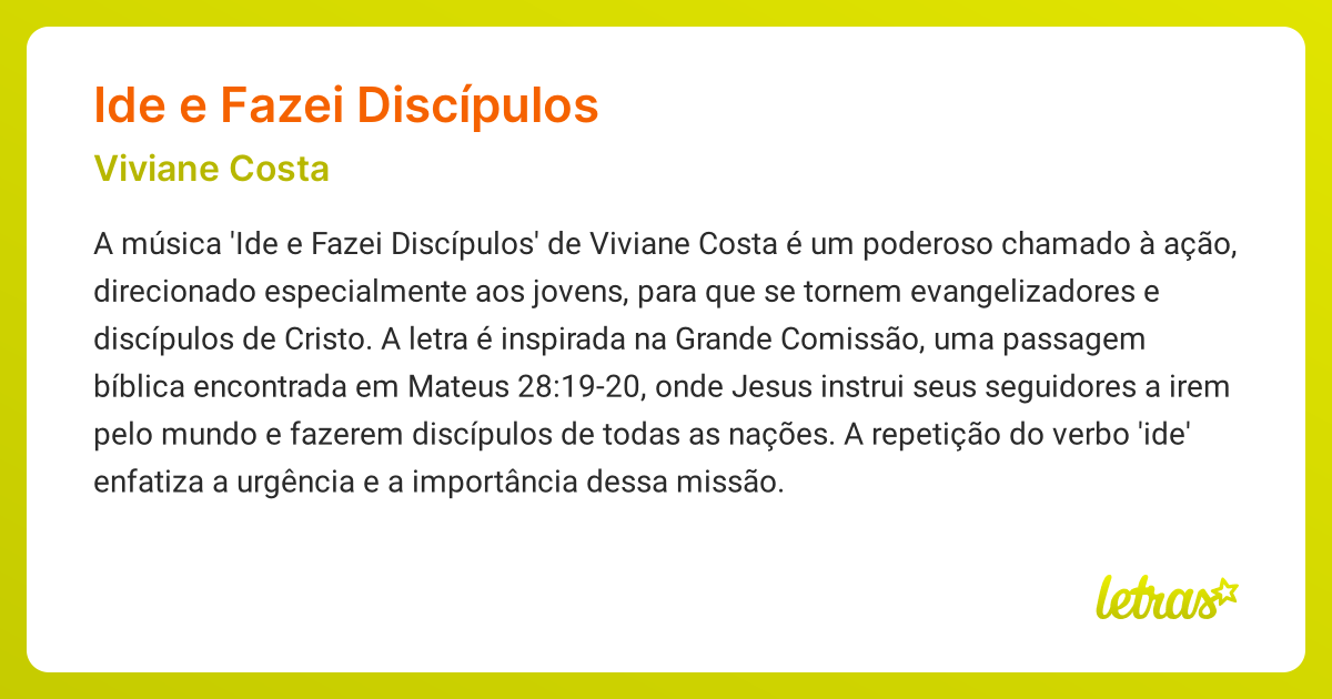 Significado da música IDE E FAZEI DISCÍPULOS (Viviane Costa) - LETRAS ...