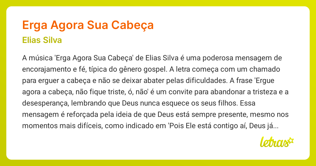Significado da música ERGA AGORA SUA CABEÇA (Elias Silva) - LETRAS.MUS.BR