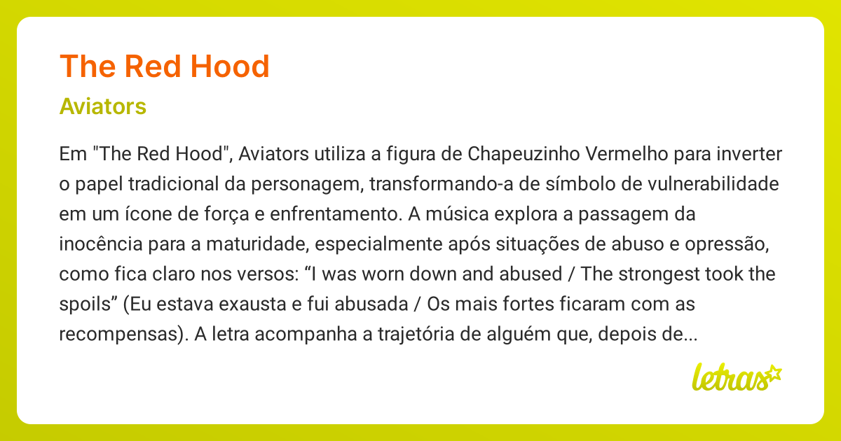 Significado da música THE RED HOOD (Aviators) - LETRAS.MUS.BR