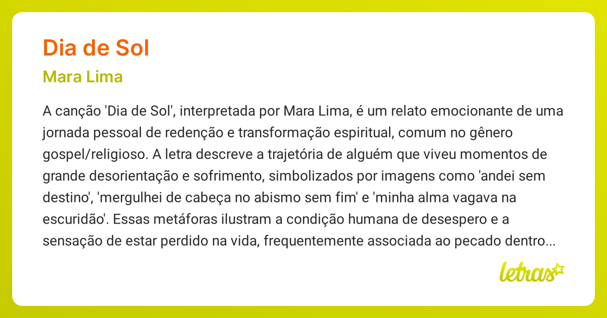 Significado da música DIA DE SOL (Mara Lima) - LETRAS.MUS.BR